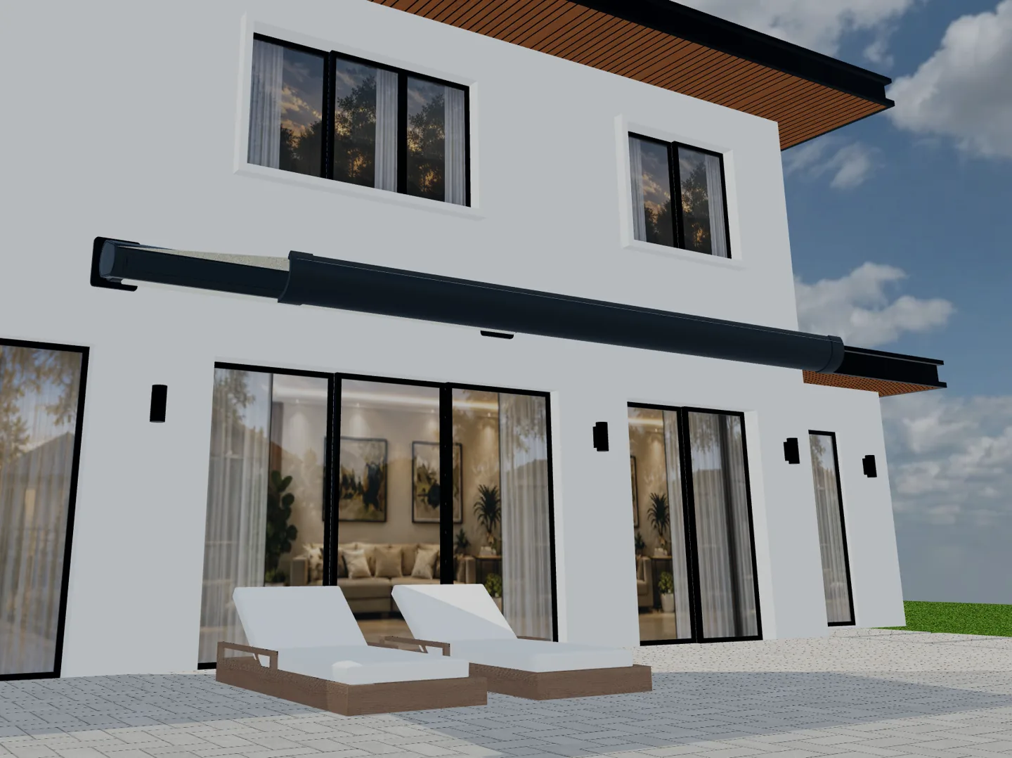 Vue 3D d'un coffre de store sombre presque replié au-dessus d'une terrasse.