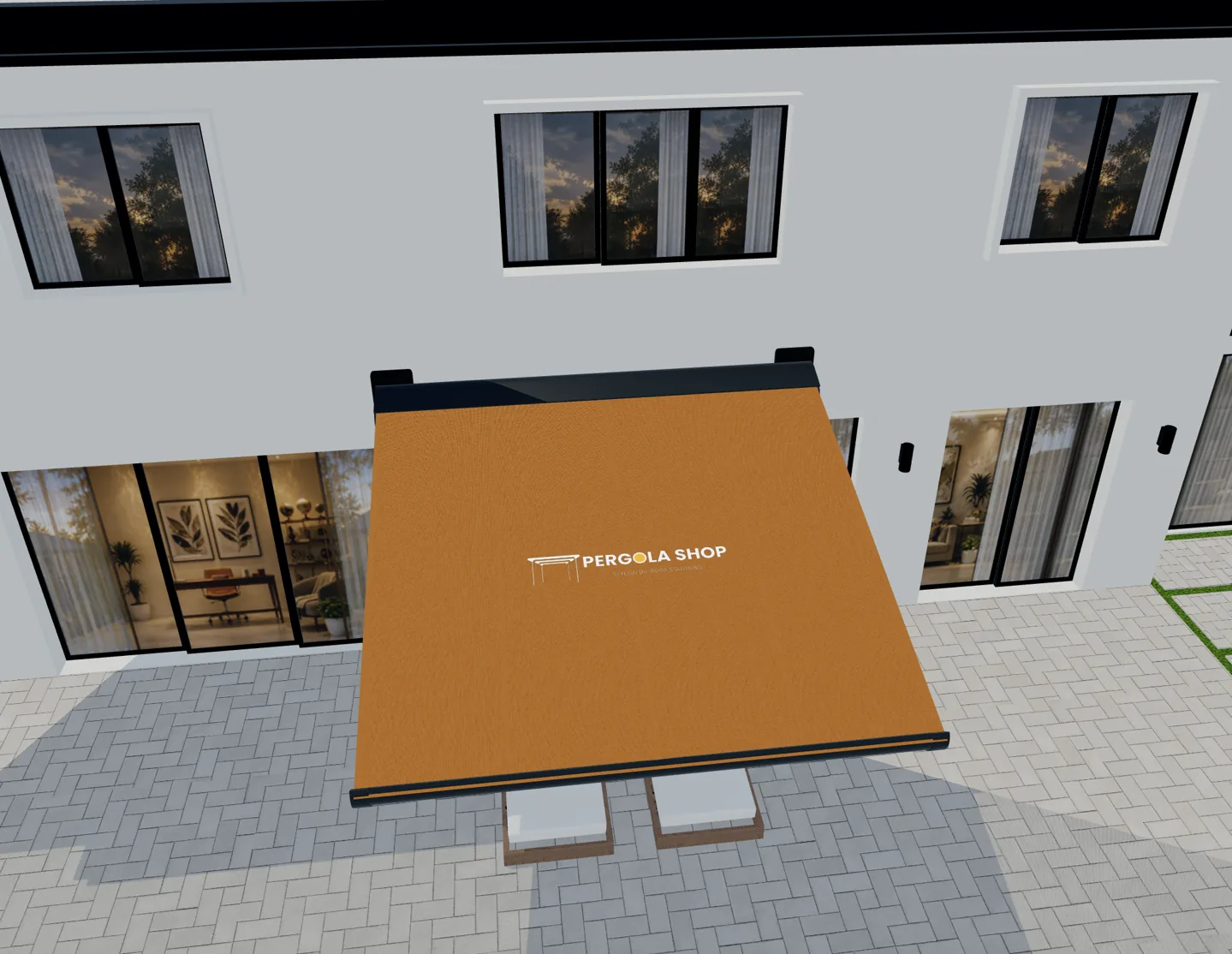 Toile de store orange avec un logo Pergola Shop dans une scène produit 3D.