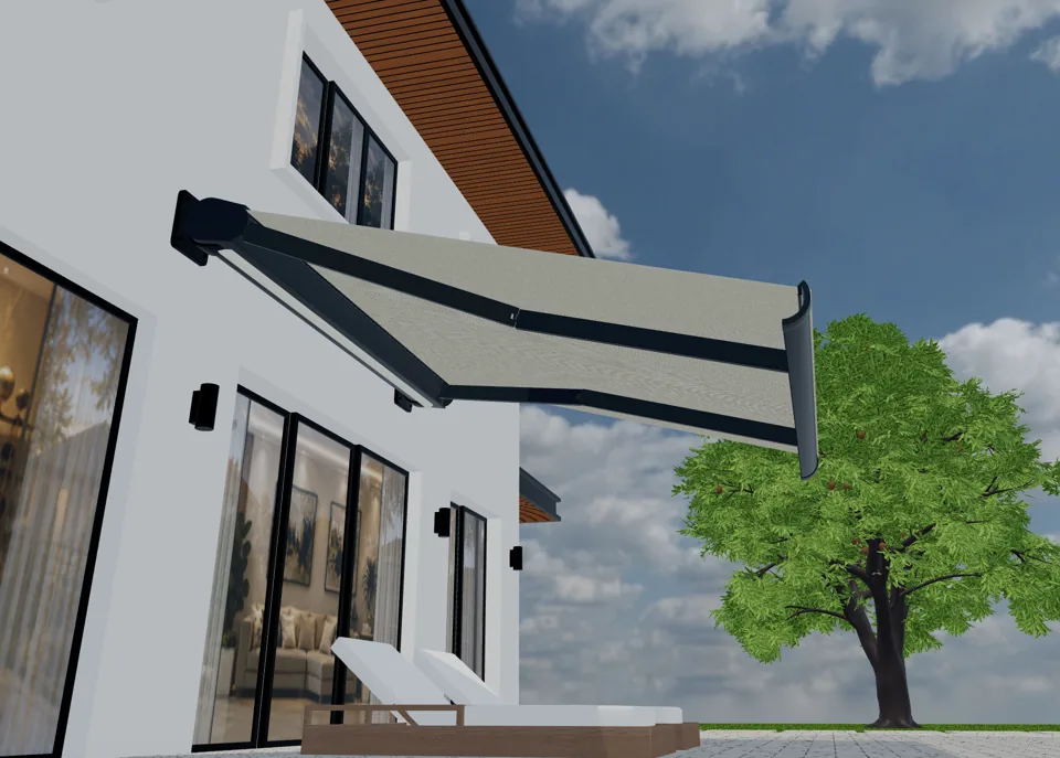 Rendu 3D d’un store banne avec toile claire et bras articulés foncés sur une façade.