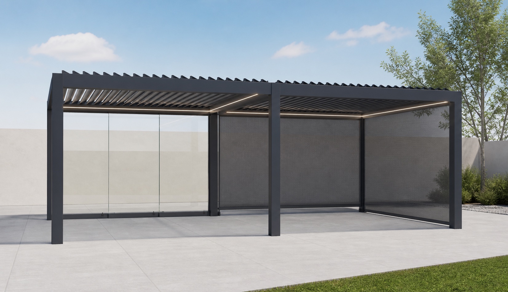 Configuration 3D d’une pergola bioclimatique à plusieurs travées, avec toits à lames et parois vitrées.