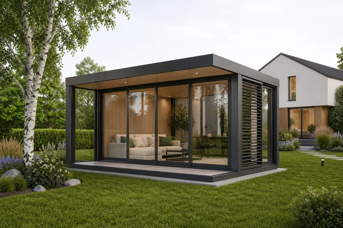 Studio de jardin avec murs de verre sur toute la hauteur et charpente en bois à côté d'une maison