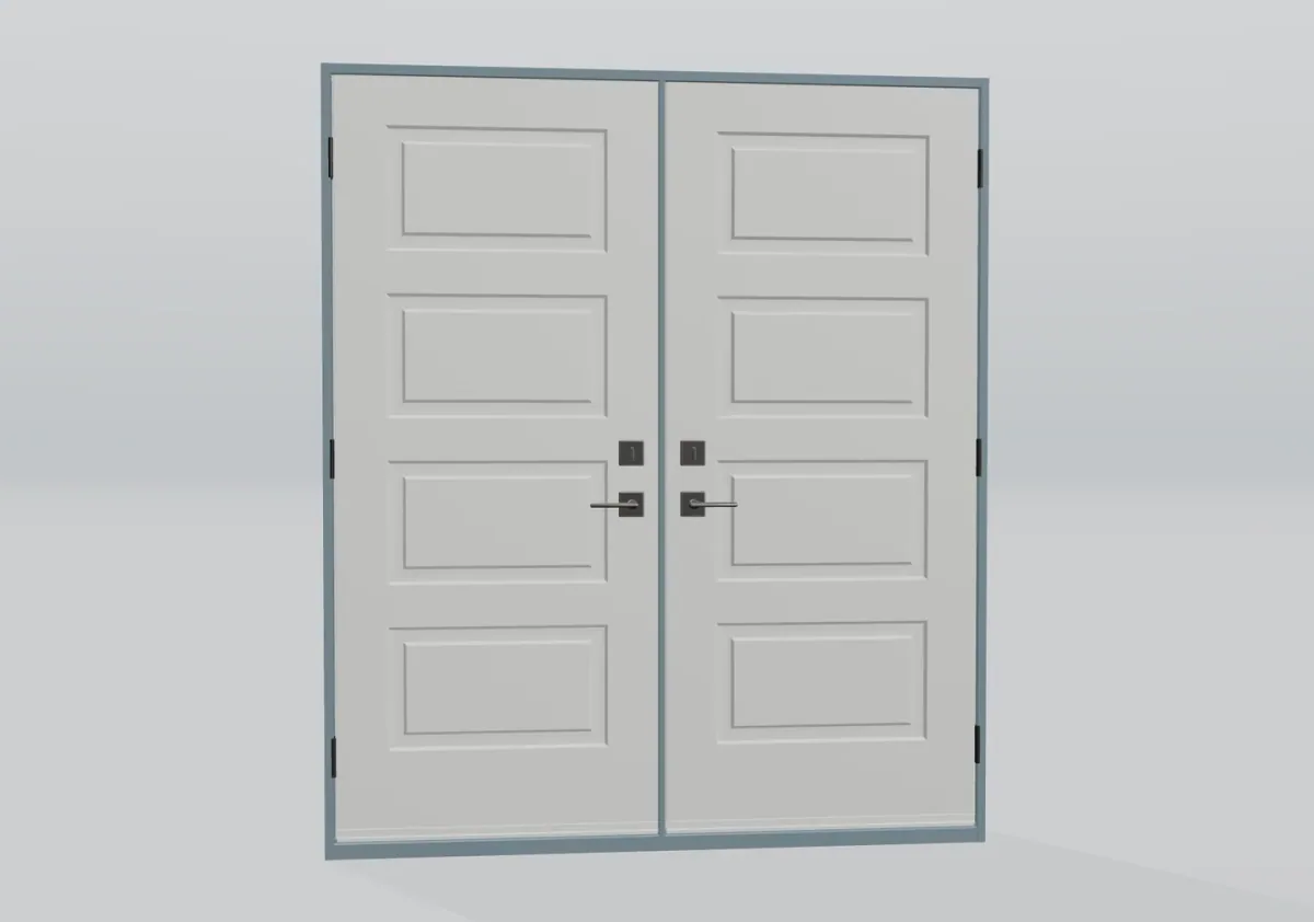 Portes doubles blanches à quatre panneaux avec poignées à levier dans une vue du produit 3D