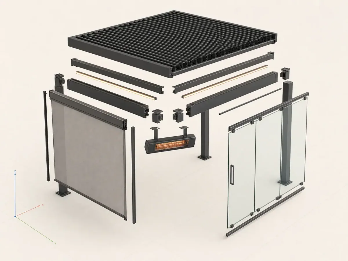 Composants de pergola séparés disposés pour expliquer la structure du produit