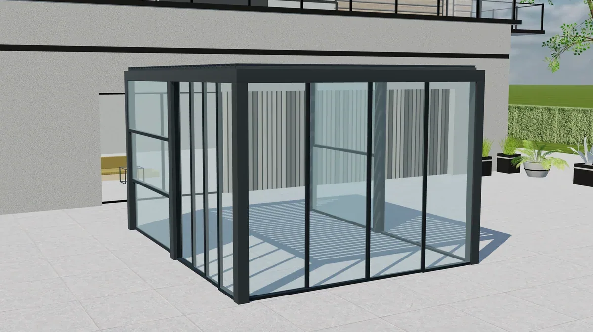 Pergola à persiennes Tenteks Italia avec panneaux de verre en vue 3D