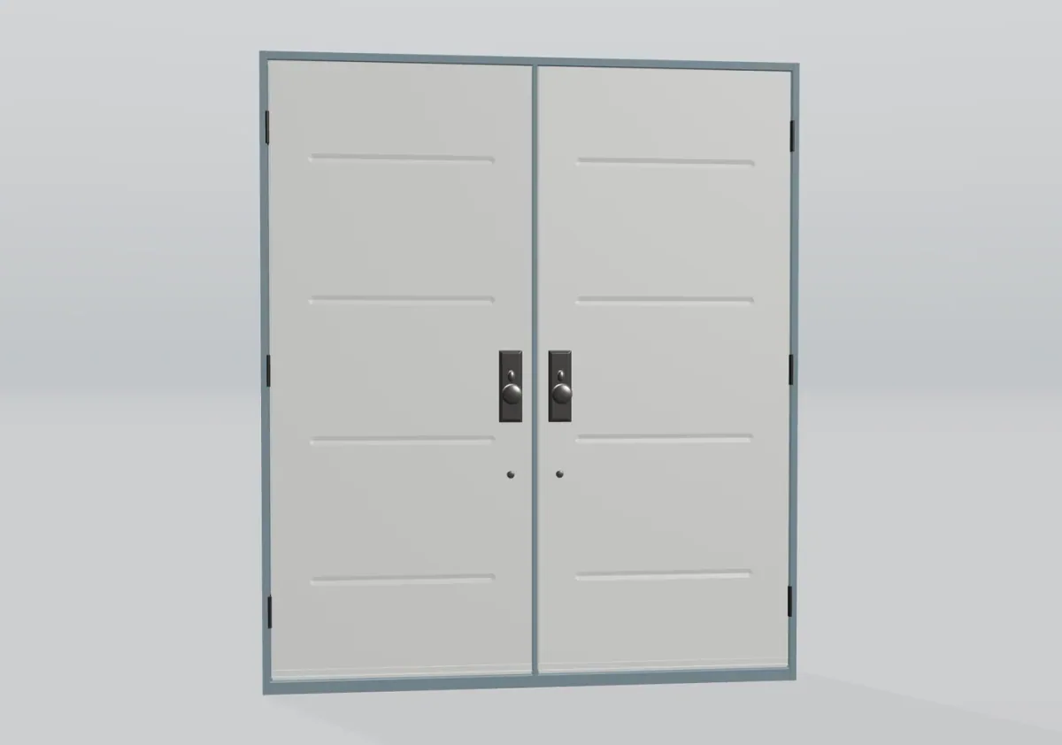 Portes doubles blanches avec rainures horizontales et boutons foncés