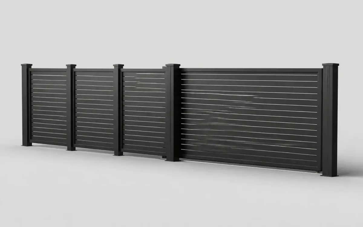 Portail sombre à lamelles horizontales avec panneaux de clôture assortis dans une vue du produit 3D