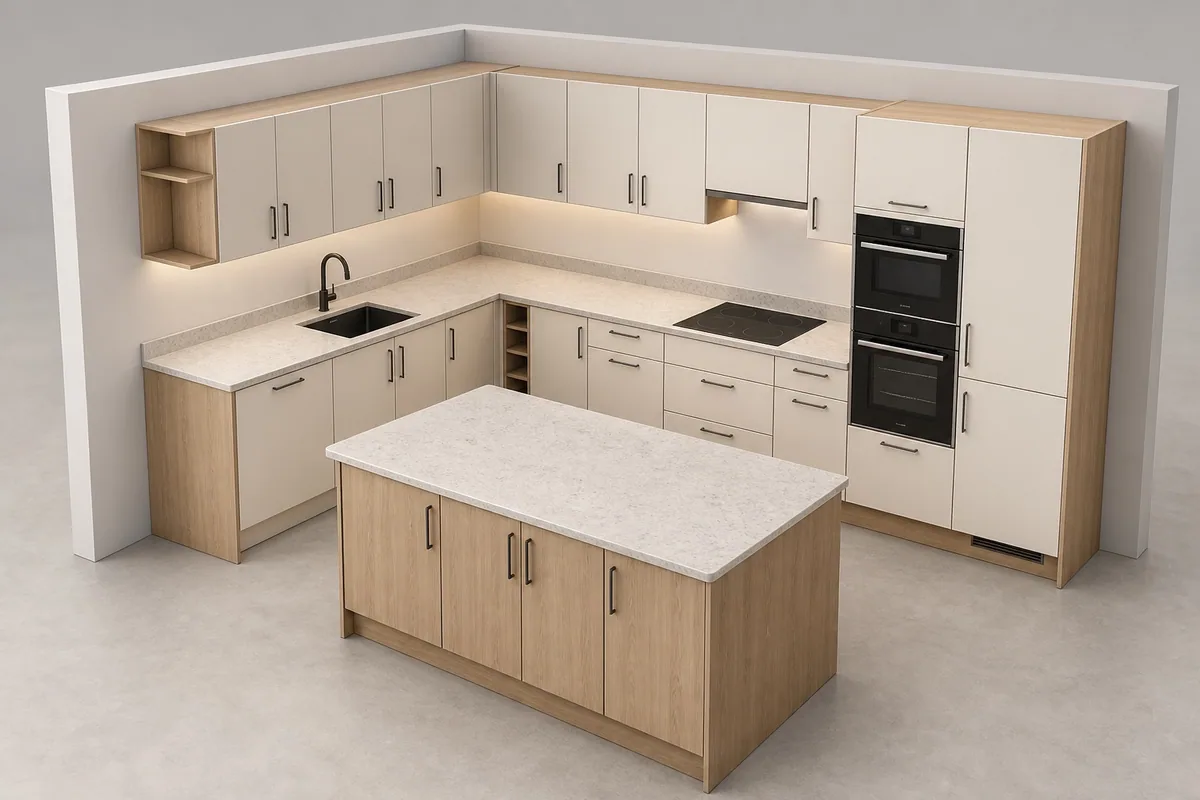 Cuisine en forme de L en bois clair et blanc avec îlot dans une vue produit 3D