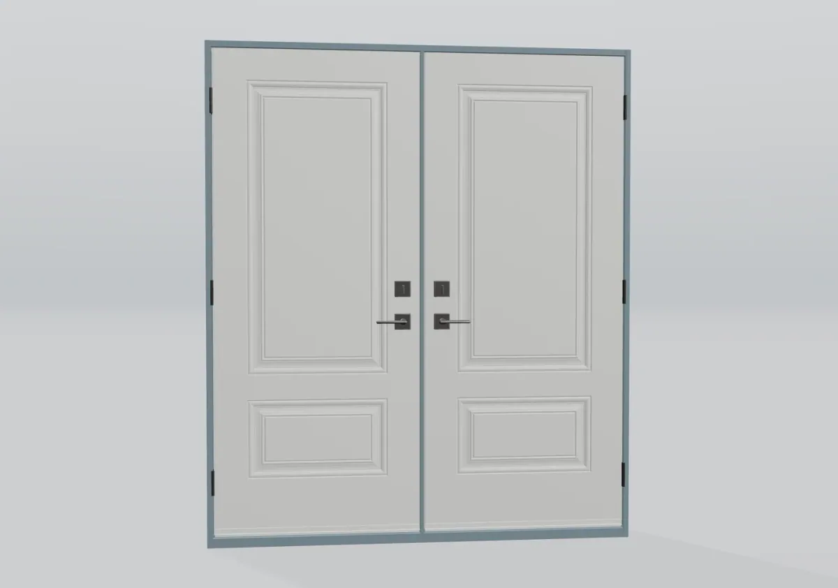 Portes doubles blanches avec panneaux décoratifs et poignées foncées