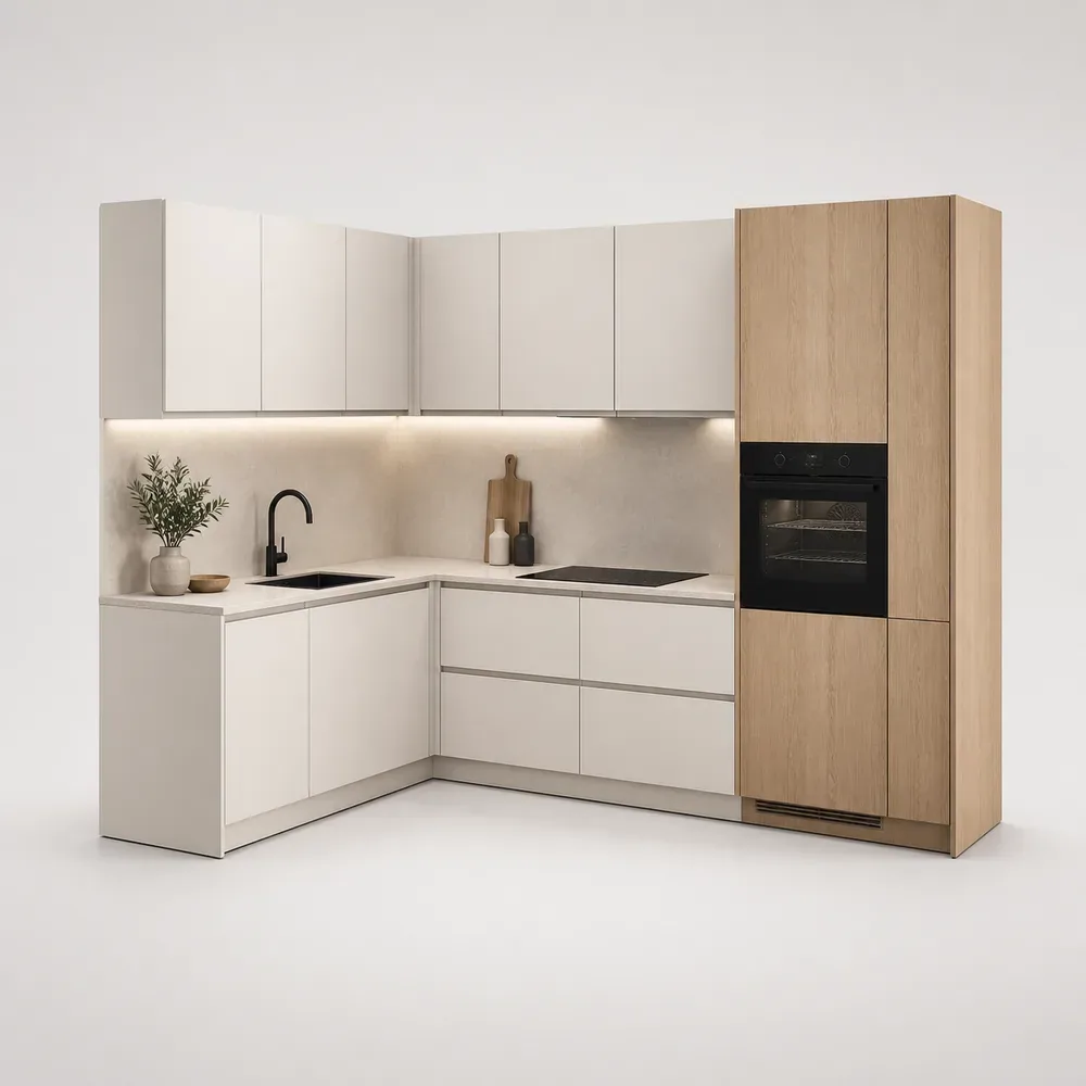 Vue du produit de cuisine modulaire montrant les armoires et les surfaces de travail