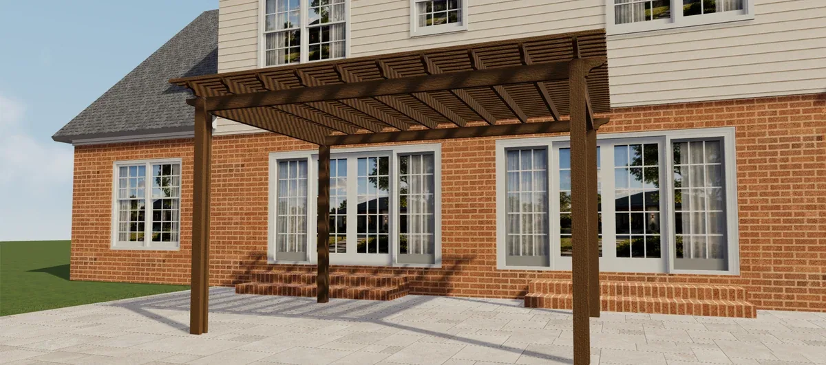 Vue de face d'une pergola Elite Aluminium marron avec un toit à lattes ouvert
