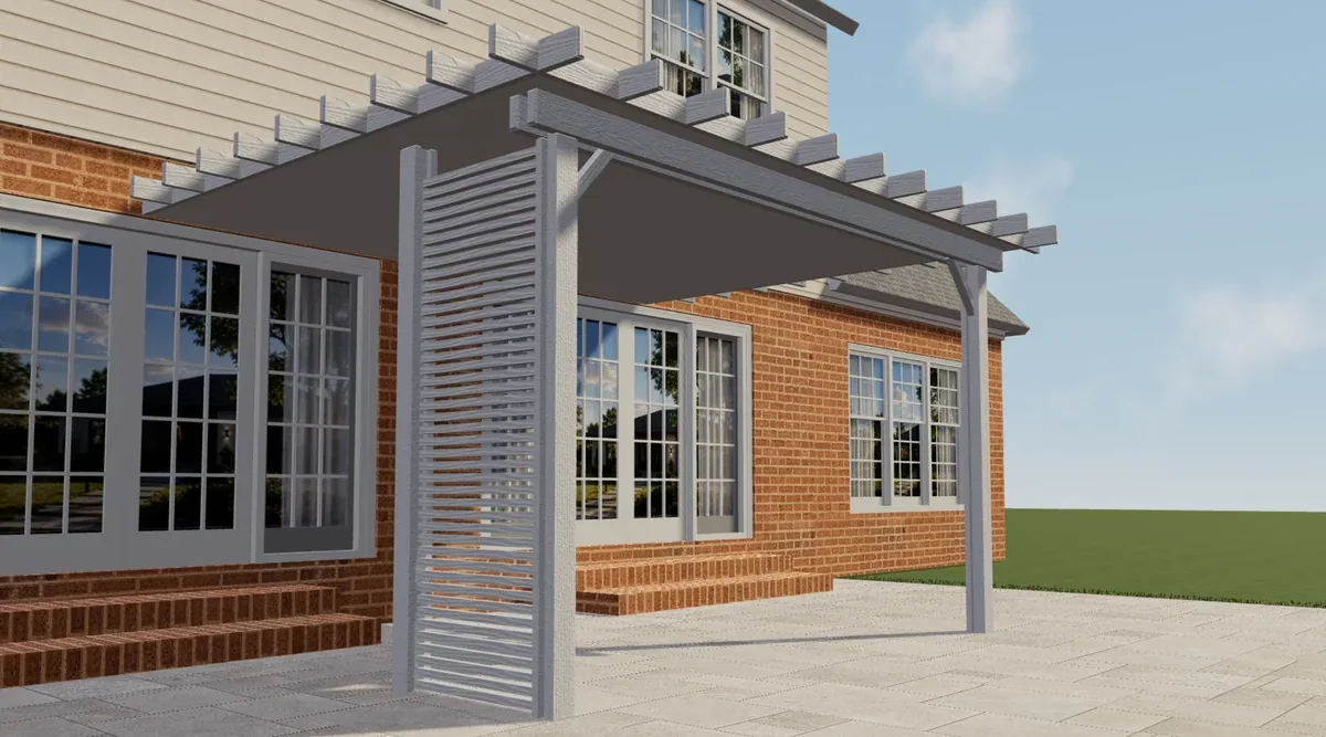 Pergola en aluminium White Elite avec un côté à lattes à côté d'une maison en brique