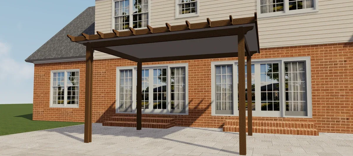 Pergola couverte en aluminium Brown Elite présentée de face à côté d'une maison