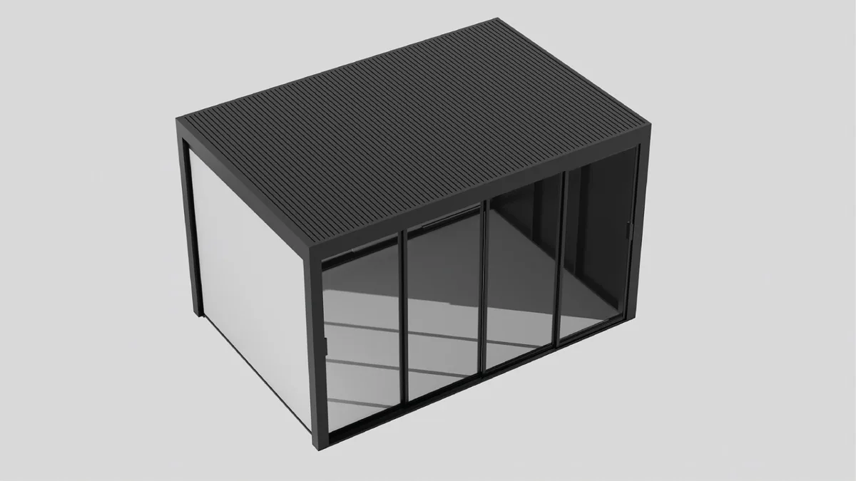 Modèle de pergola sombre avec panneaux latéraux vitrés et toit solide en vue 3D