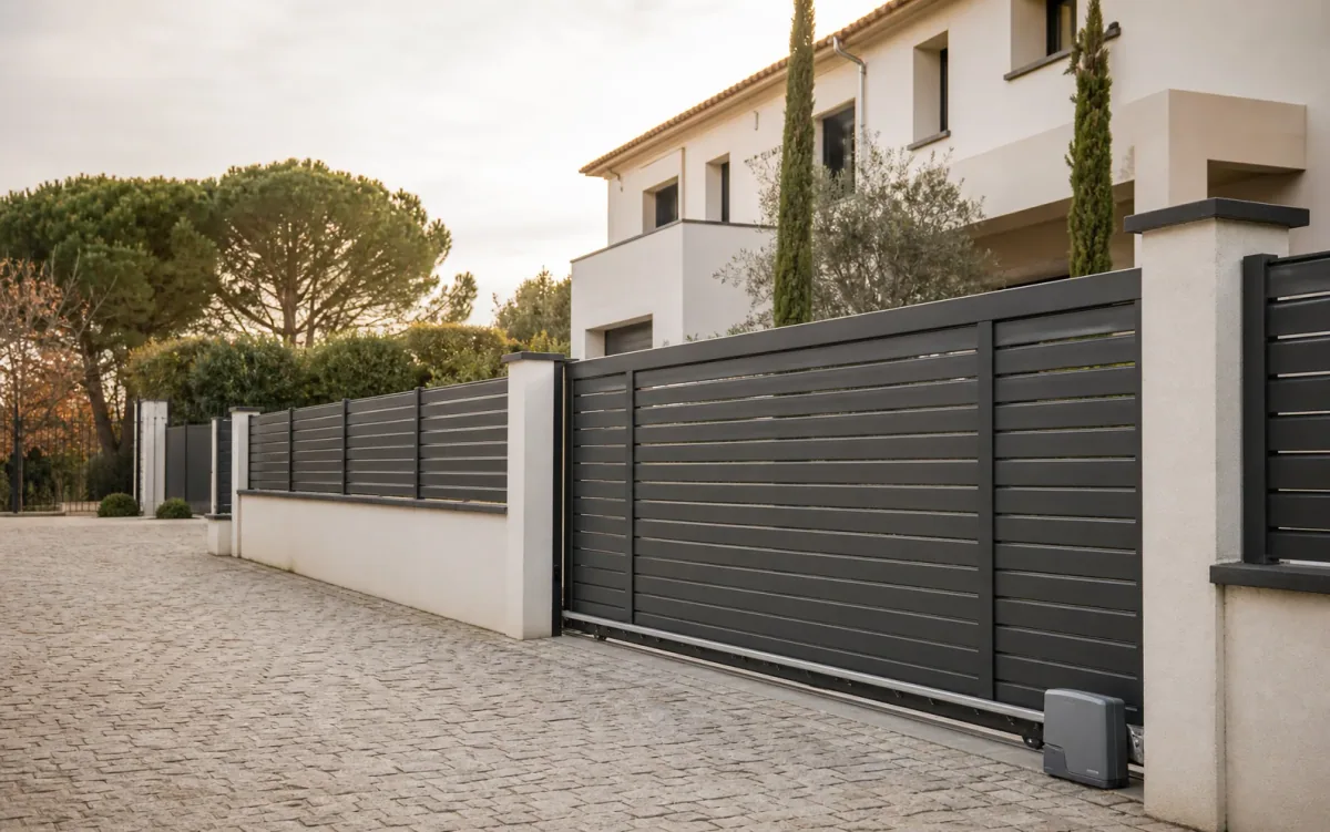 Clôture et portail sombres installés à côté d'une maison moderne