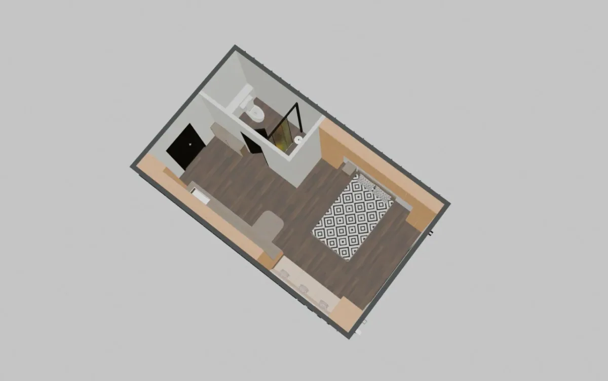 Plan d'étage tridimensionnel d'une maison modulaire avec pièces internes
