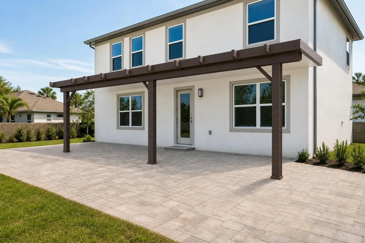 Pergola en bois ombrageant une terrasse pavée à côté d'une maison blanche