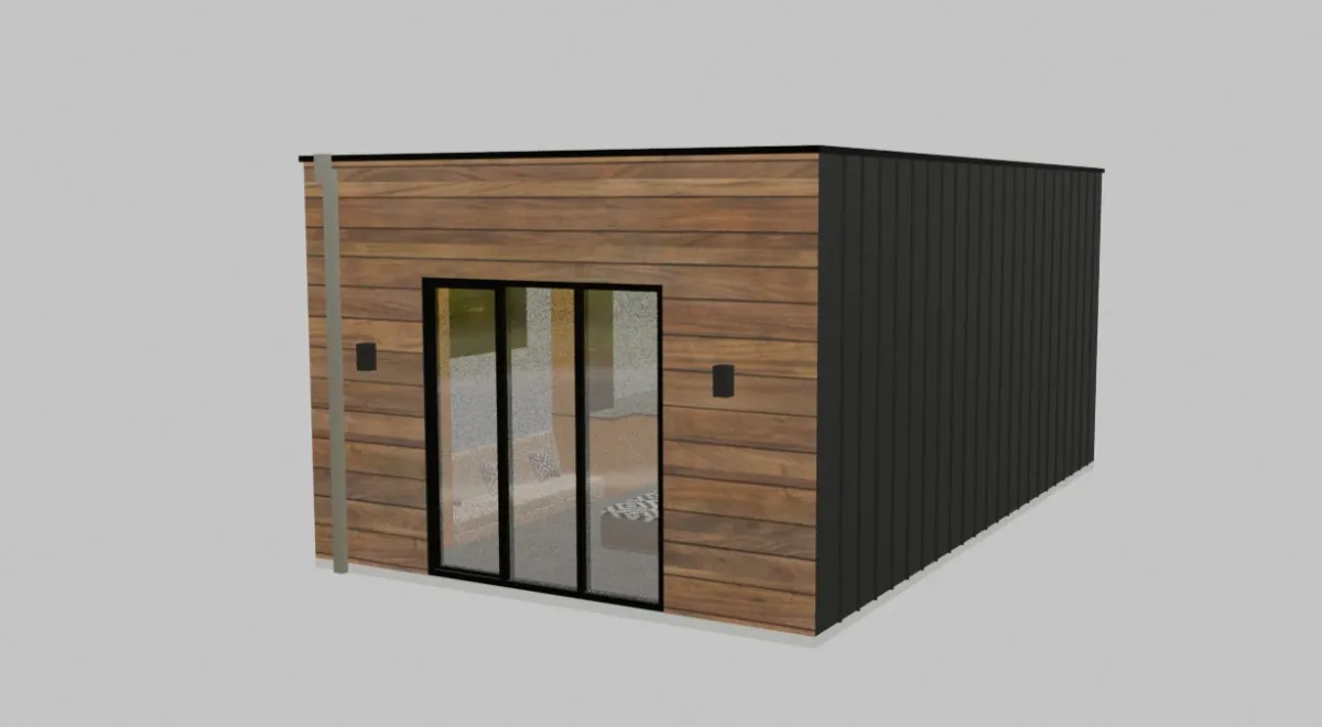 Extérieur de maison modulaire avec panneaux vitrés pleine hauteur