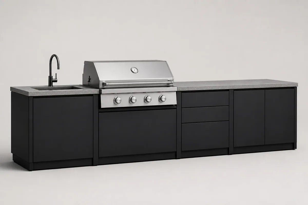 Modèle de produit de cuisine extérieure avec plans de travail, rangements et équipements de cuisson