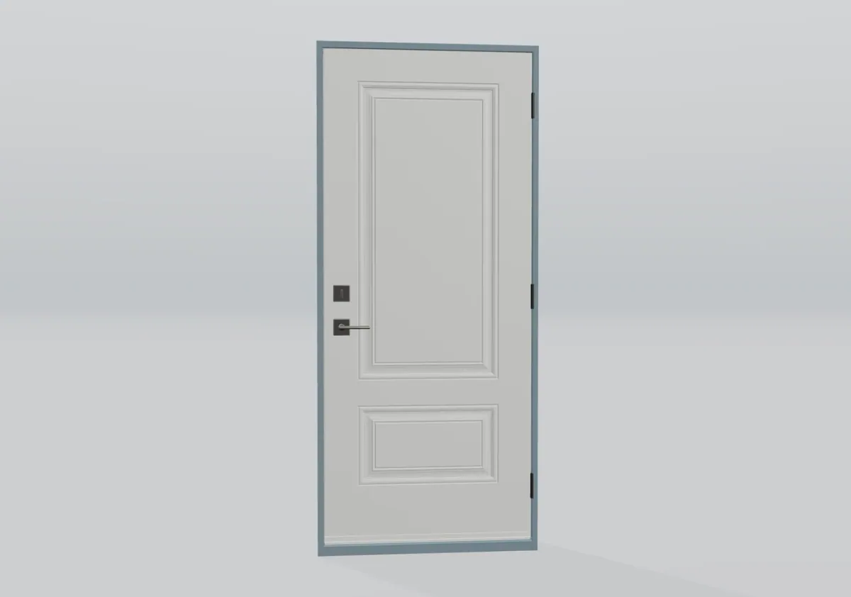 Porte blanche à un panneau avec poignée à levier et cadre gris