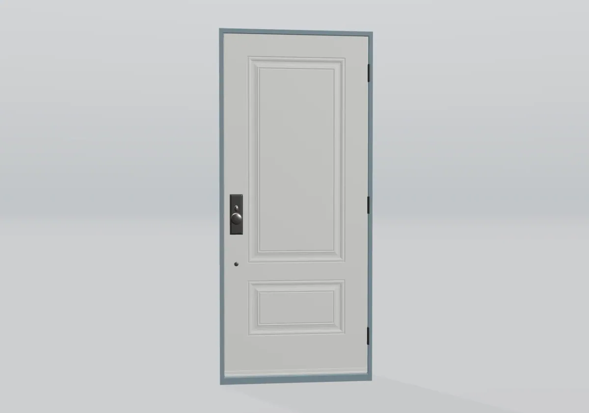 Porte simple à panneaux blancs avec bouton foncé et cadre gris