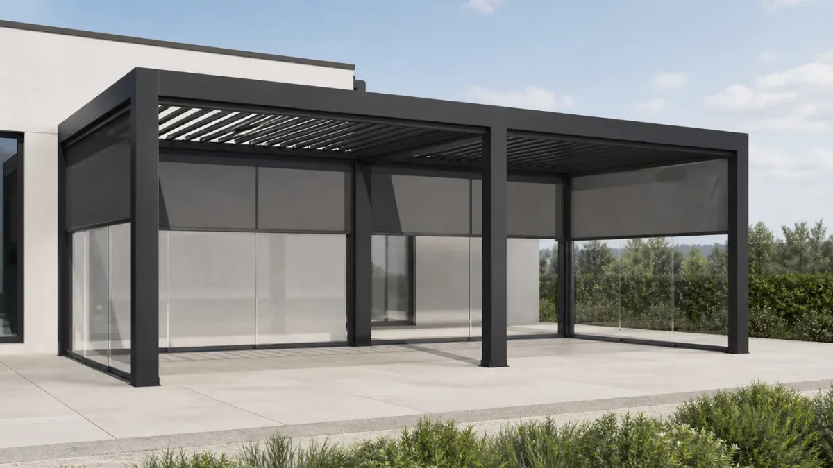 Pergola multi-travées avec côtés vitrés vue du jardin