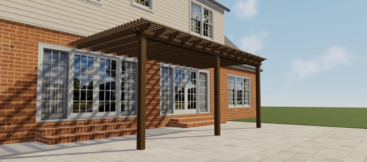 Vue latérale d'une pergola Elite Aluminium marron avec un toit à lattes ouvert