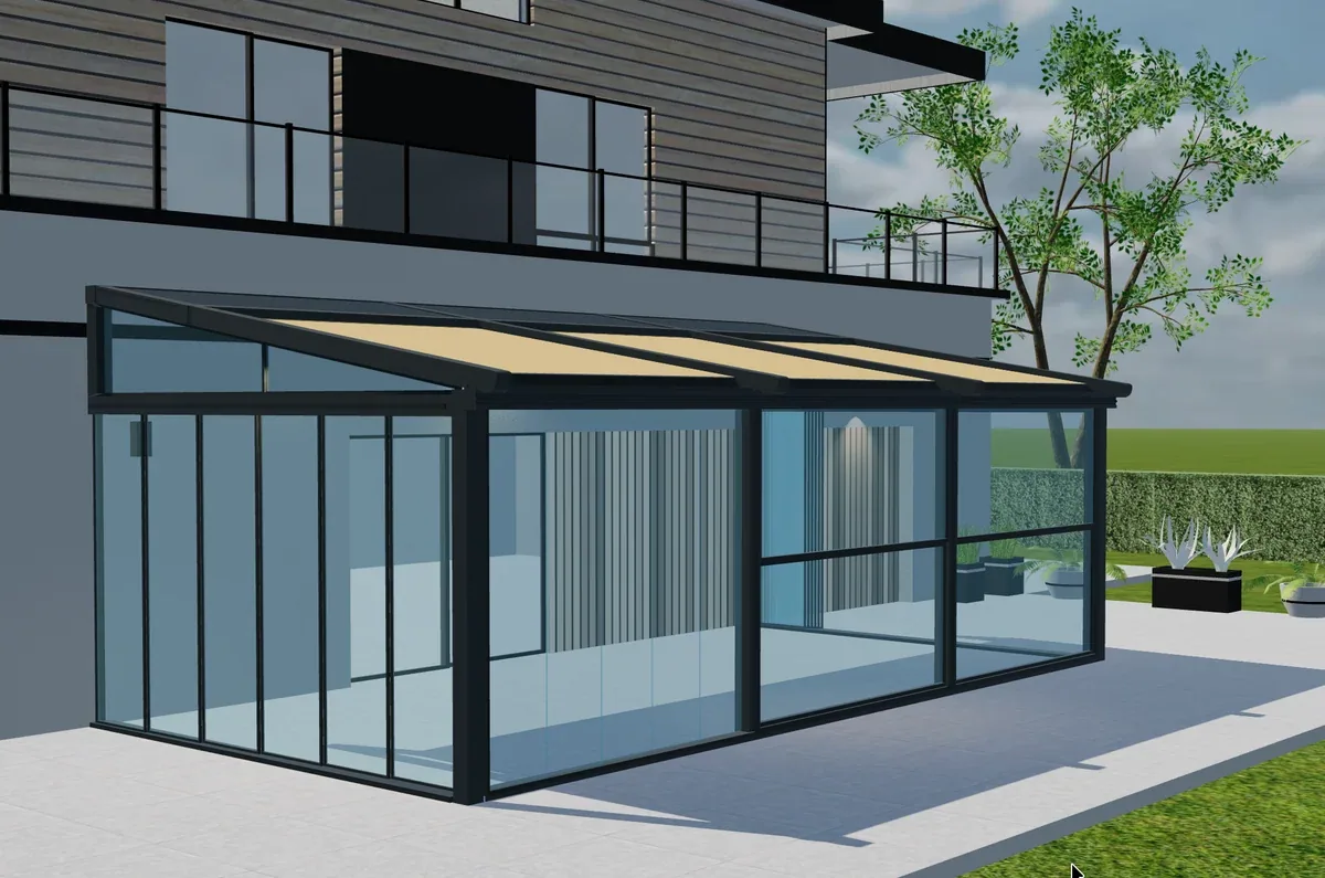 Pergola Tenteks Italia avec côtés vitrés et toit en toile inclinée en vue 3D