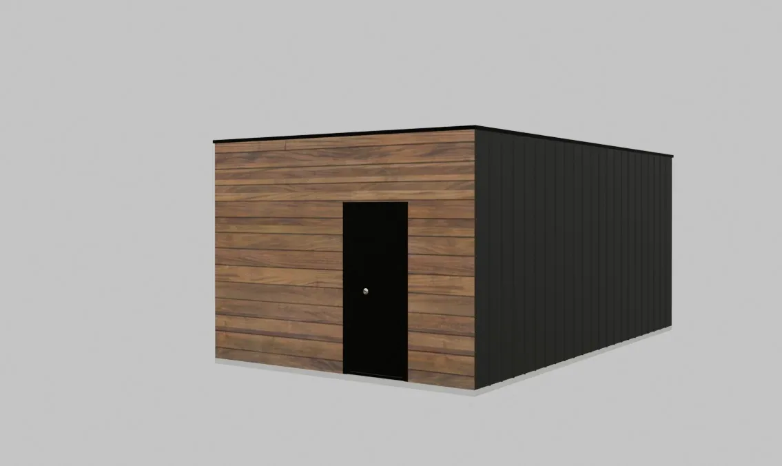 Extérieur de maison modulaire montrant l'entrée et les panneaux muraux