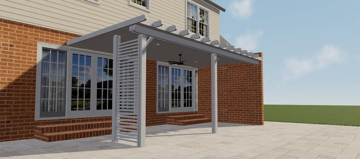 Pergola couverte en aluminium Elite Blanc avec panneau latéral à lattes et ventilateur de plafond