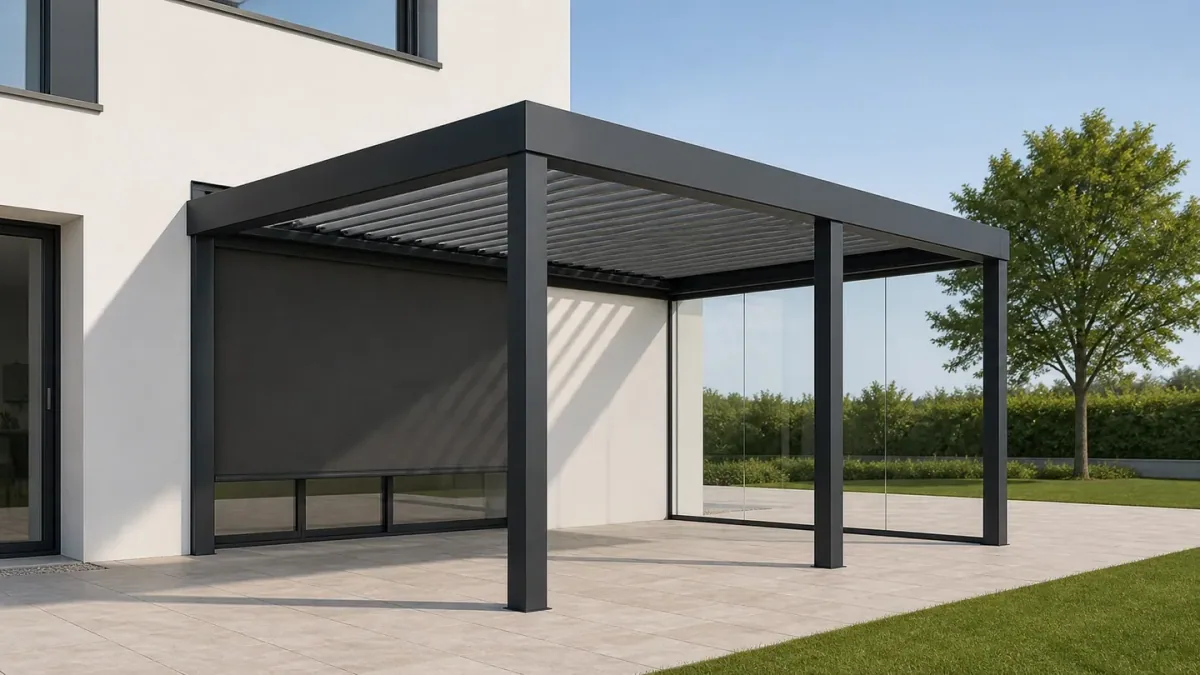 Pergola anthracite avec panneaux de verre et écran latéral à côté d'une maison moderne