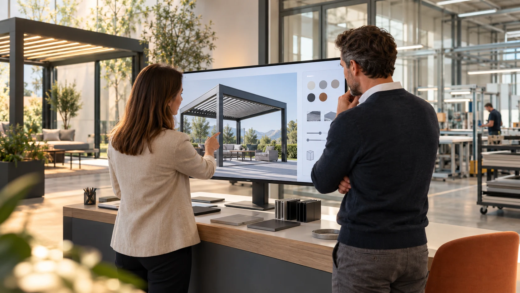 Deux professionnels examinent une pergola dans un configurateur de produits 3D Configurix au sein d’un showroom allemand moderne.