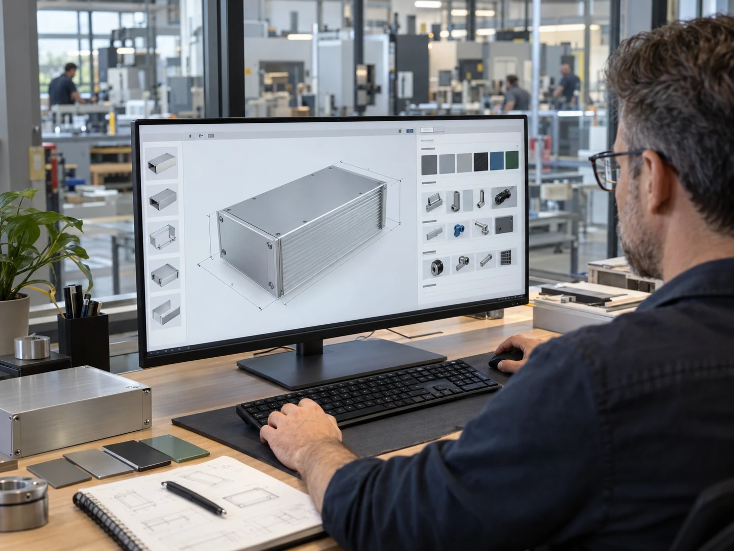 Un ingénieur produit configure en 3D un coffret industriel en aluminium près d’une usine allemande moderne.