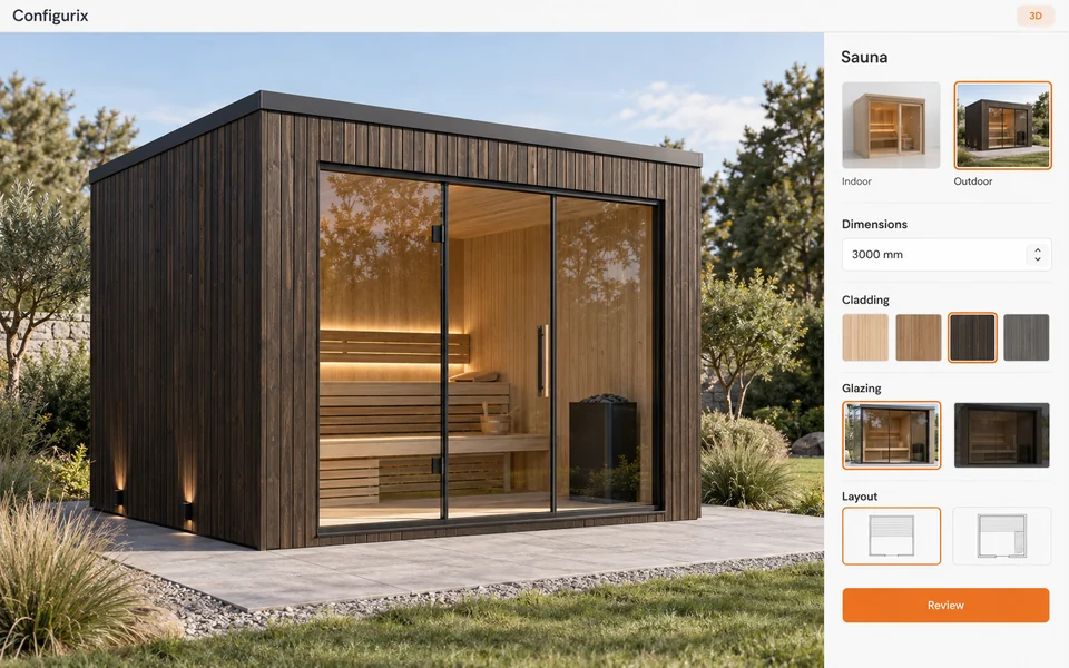 Vue 3D d’un produit configurable (sauna) pour illustrer Pays nordiques : configurateurs de saunas et produits modulaires, logiciel sur mesure et déploiement.