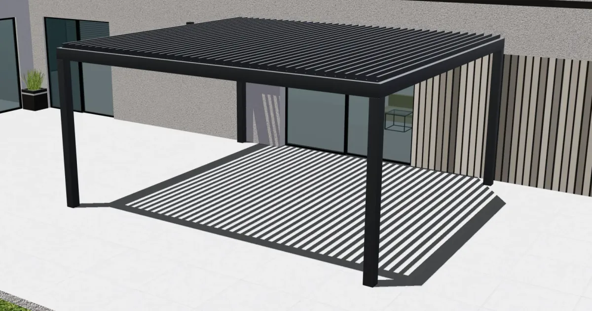 Vue 3D Configurix d’une pergola à structure anthracite avec lames de toiture ouvertes.