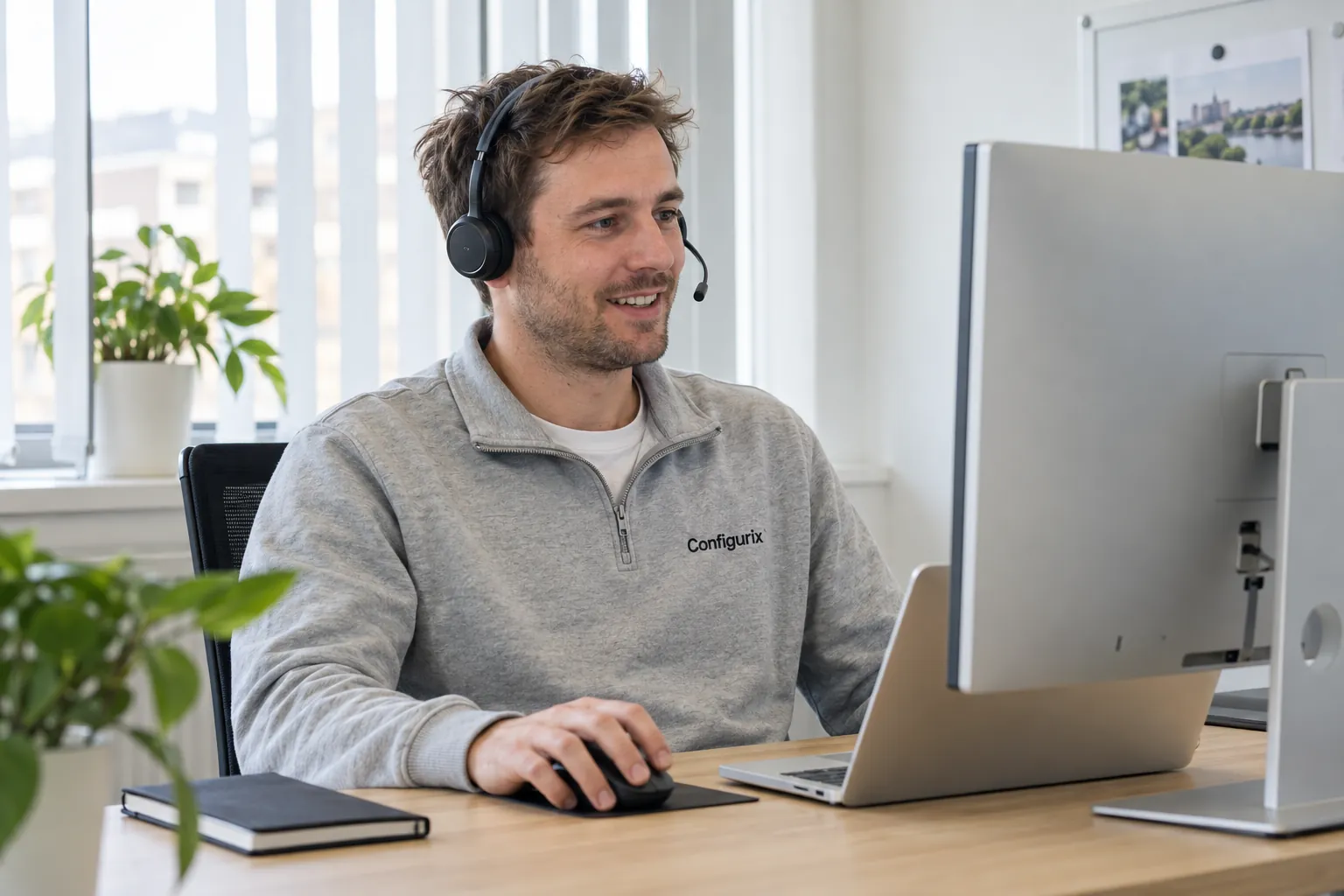 Conseiller Configurix illustratif présentant une démo en direct du configurateur de produits 3D dans un bureau lumineux