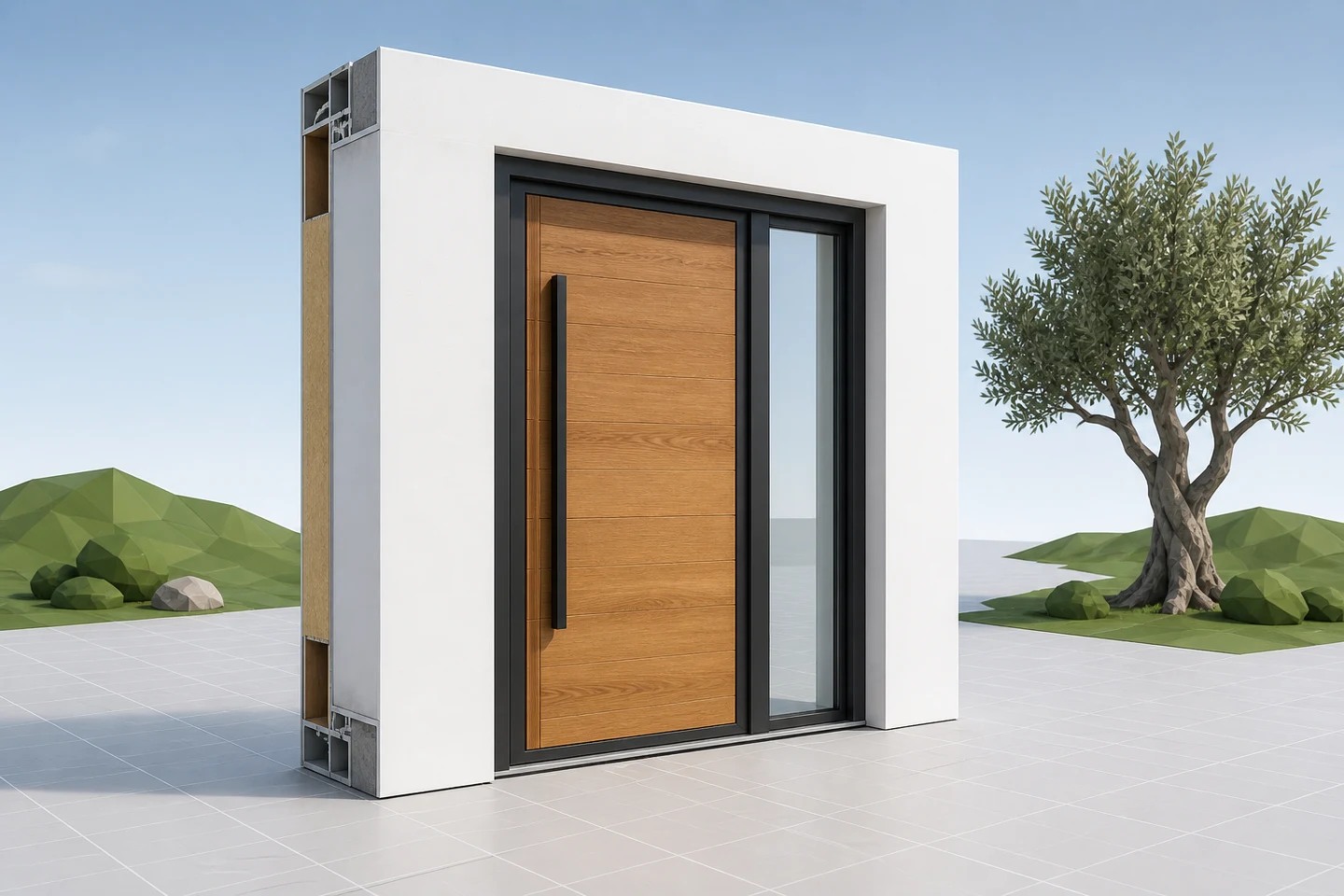 Vue 3D d’un produit configurable (porte) pour illustrer Amérique du Nord : configurateurs de produits du bâtiment, logiciel sur mesure et déploiement.