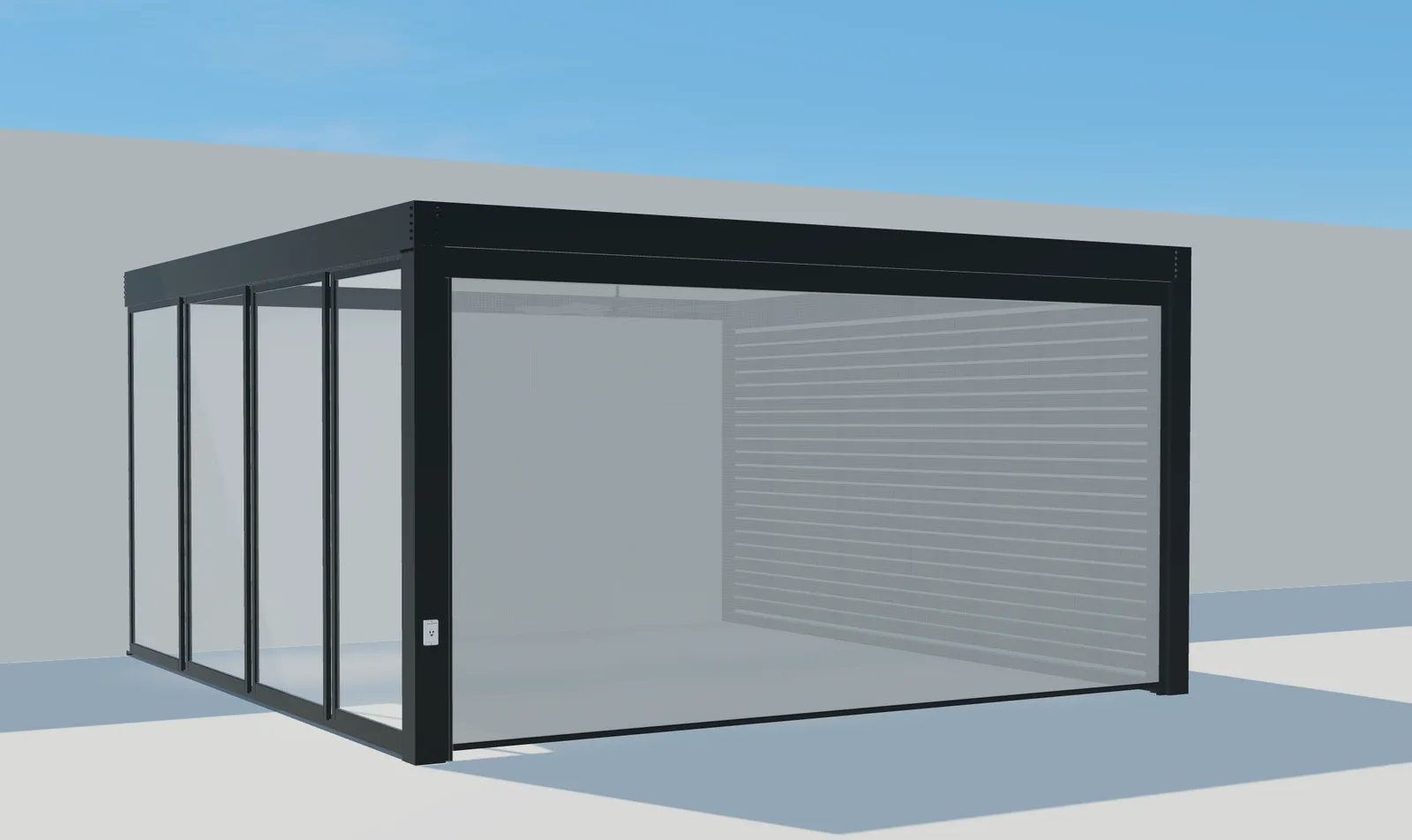 Vue 3D de Pergola Plus avec vitrage latéral et store frontal entièrement abaissé.