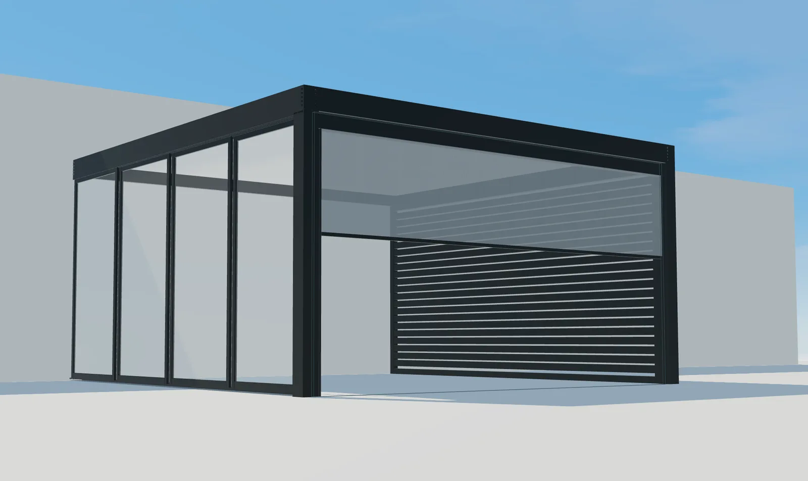 Vue 3D de Pergola Plus avec vitrage latéral et store frontal partiellement abaissé.