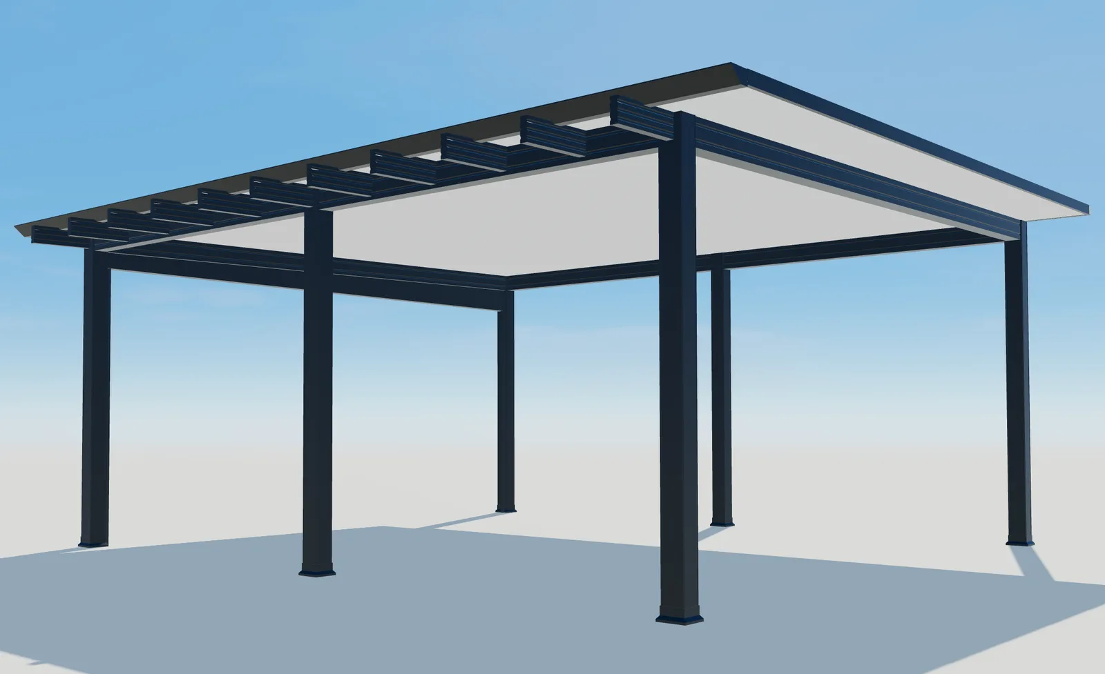 Détail 3D des poutres, de la structure sombre et des panneaux de toit de Pergola Plus.