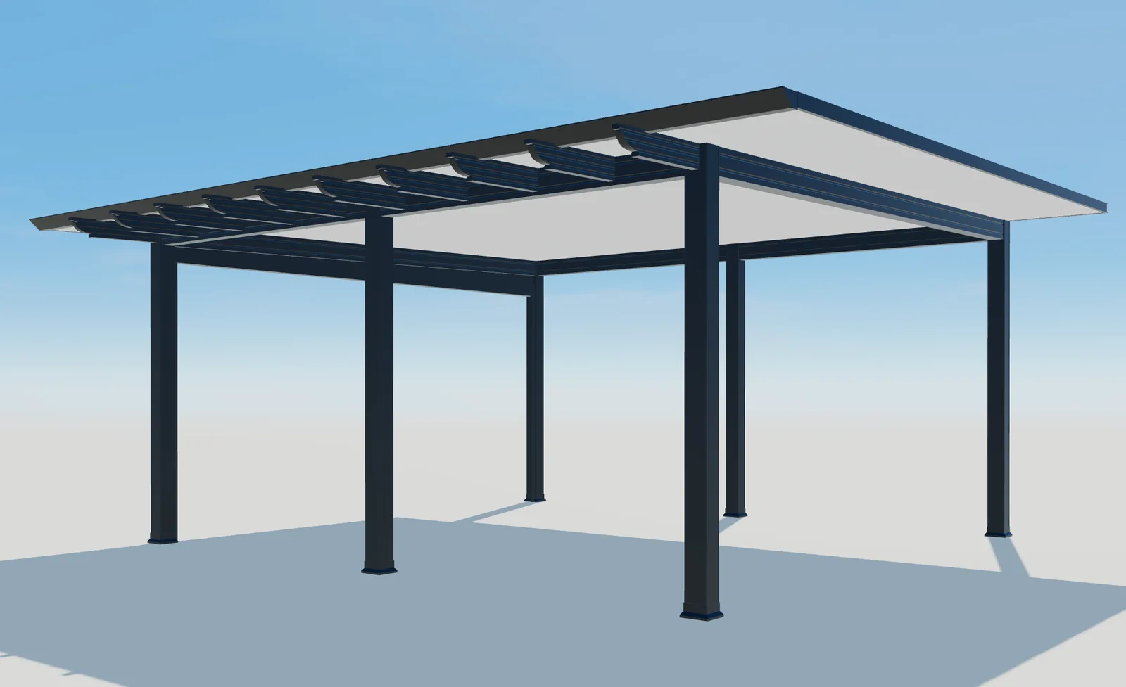 Vue 3D en perspective de la toiture Pergola Plus avec poutres visibles et six poteaux.