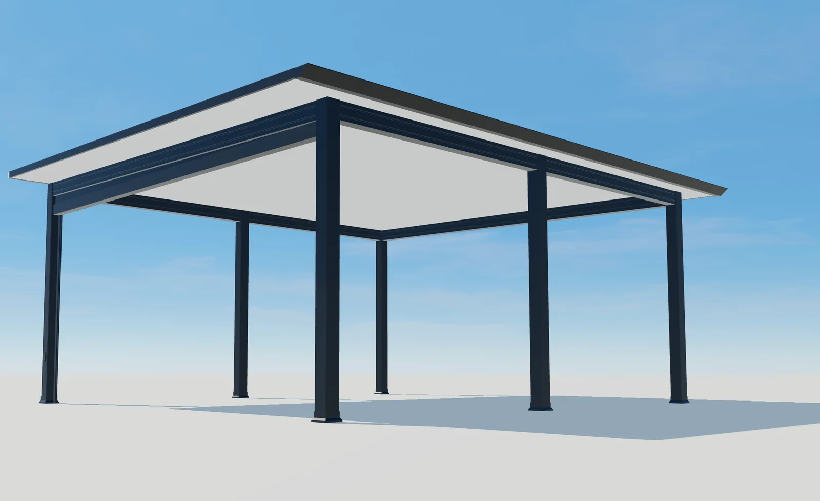 Vue 3D en contre-plongée de Pergola Plus avec poteaux sombres et toit plein clair.