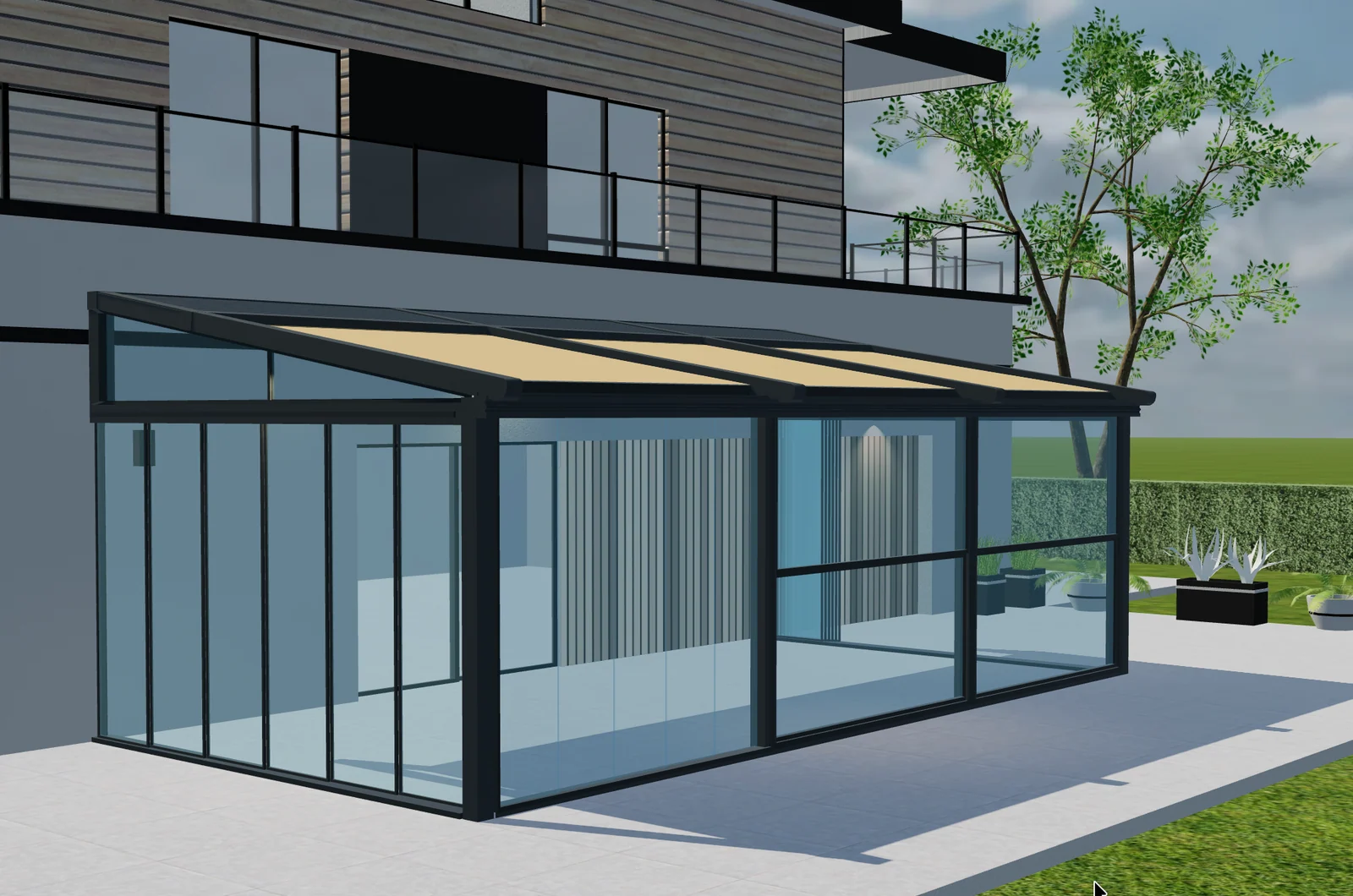 Aperçu 3D d’une pergola vitrée avec cadre incliné, couvertures crème et parois vitrées à cadres sombres.