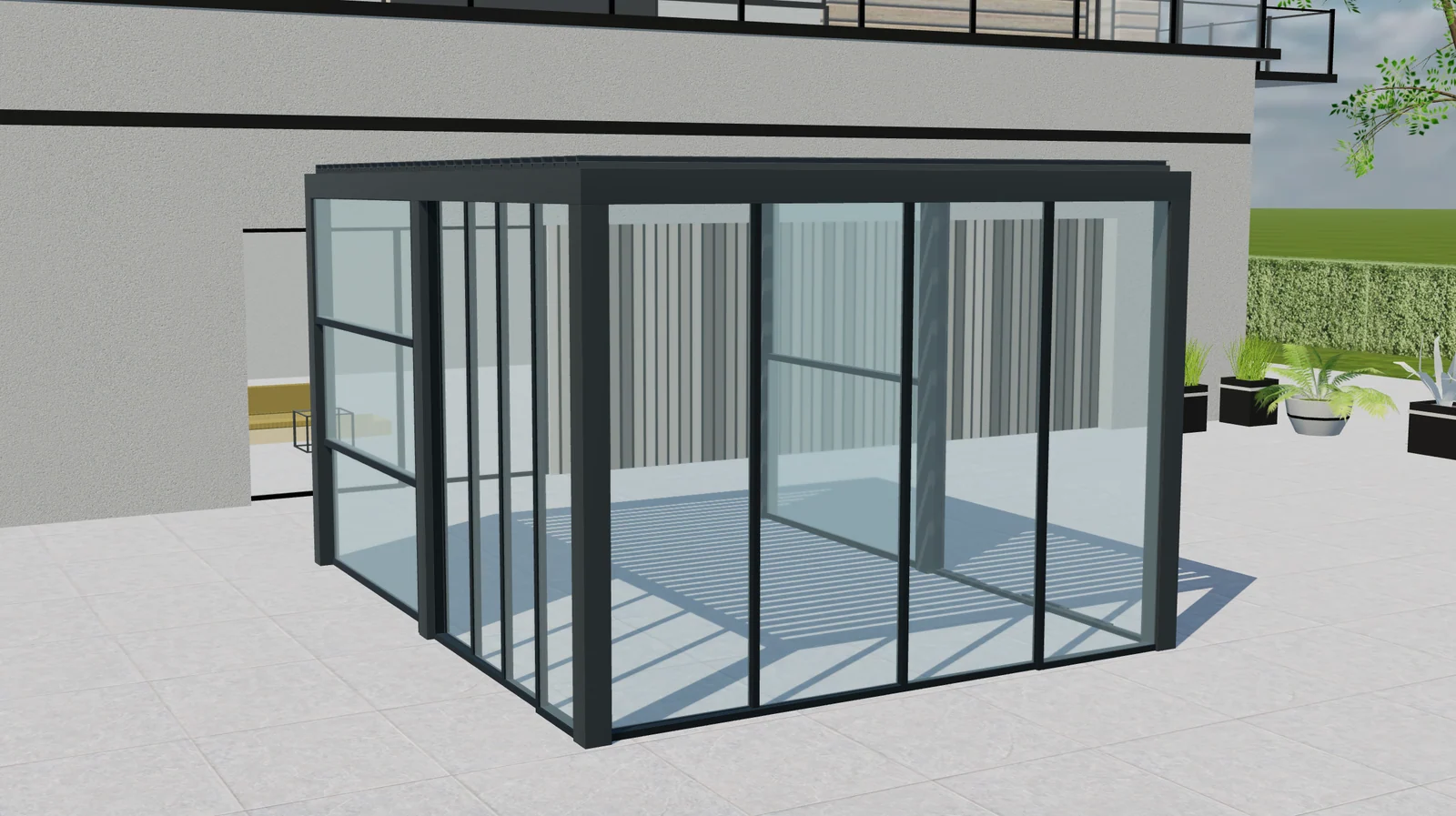 Pergola à lames Tenteks Italia avec panneaux vitrés coulissants dans une vue produit 3D Configurix
