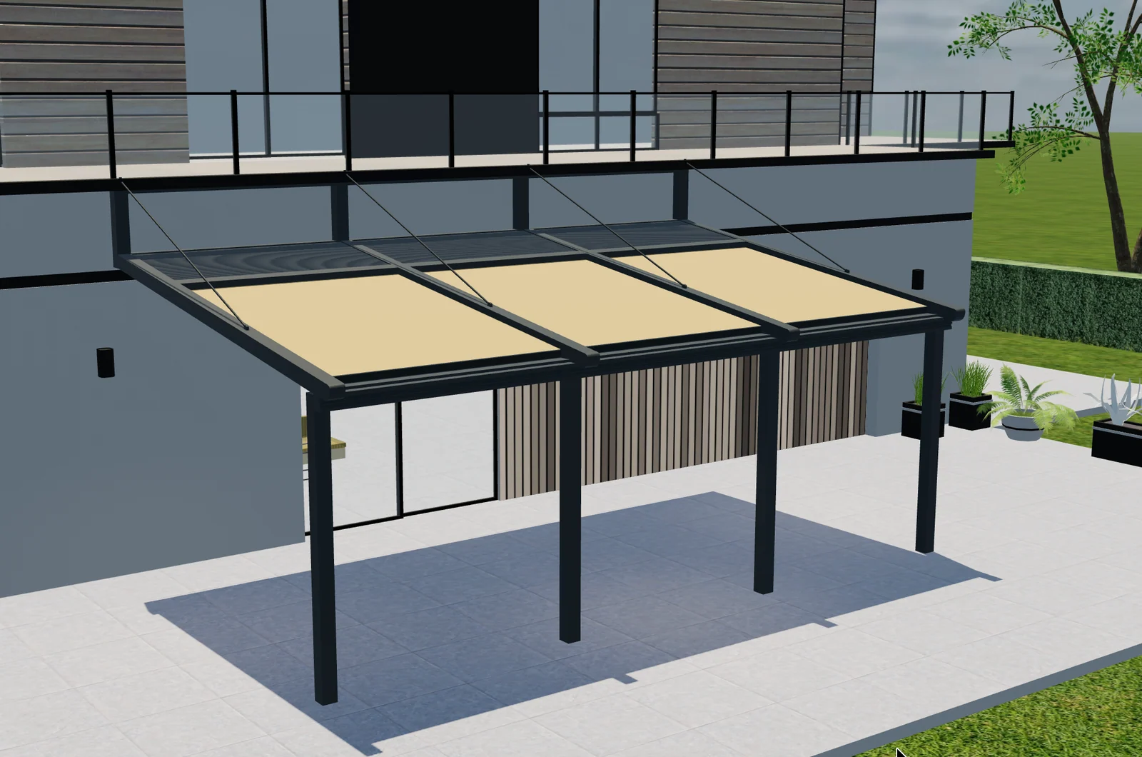 Vue 3D surélevée d’une pergola adossée avec couverture textile crème, cadre sombre et poteaux avant.