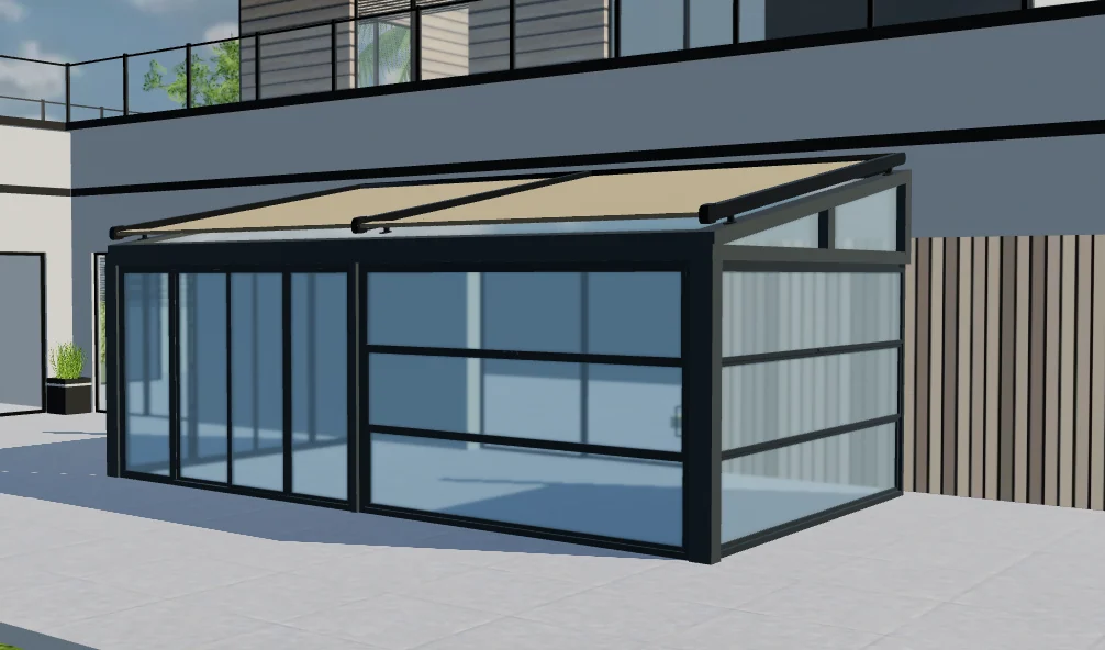 Aperçu 3D d’un jardin d’hiver à cadre sombre avec parois vitrées, toit incliné et couverture crème.