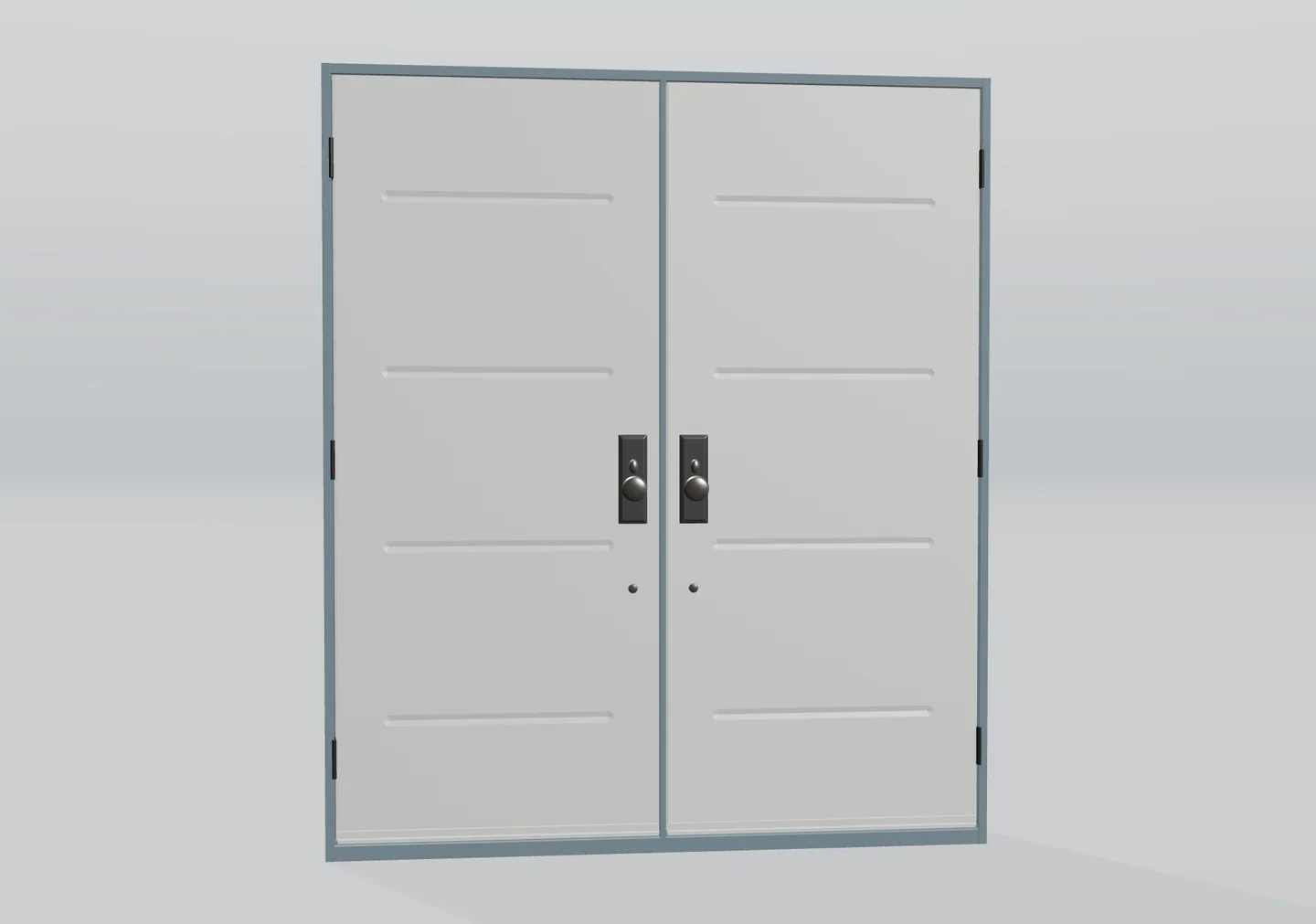 Porte double en 3D avec rainures horizontales, cadre bleu-gris et boutons foncés assortis.