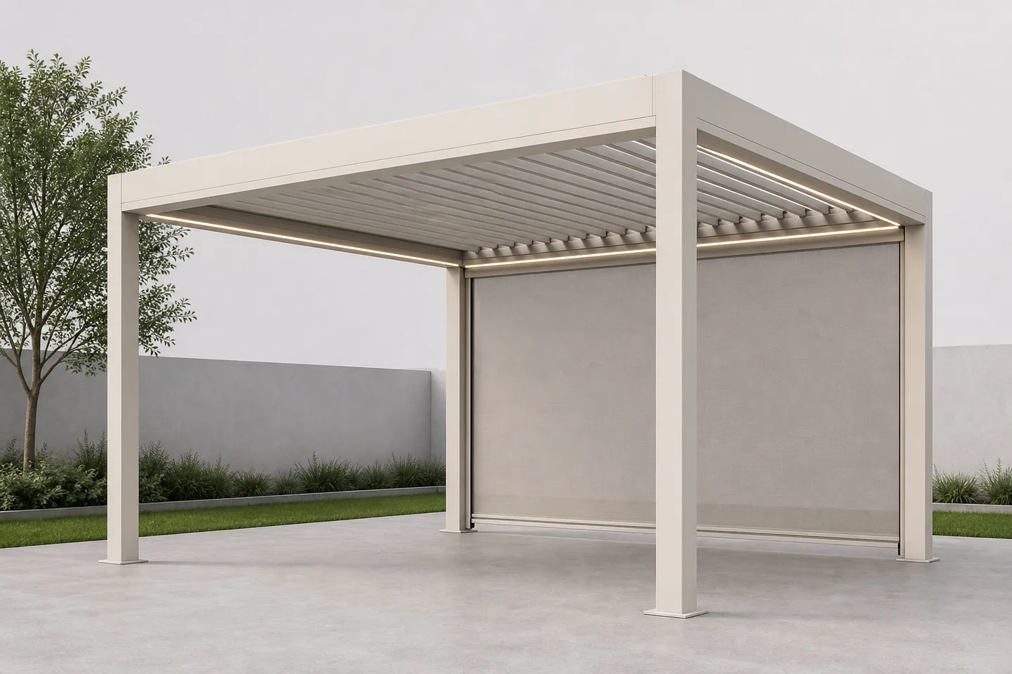 Pergola autoportante crème illustrative avec toit à lames, éclairage périphérique et store latéral.