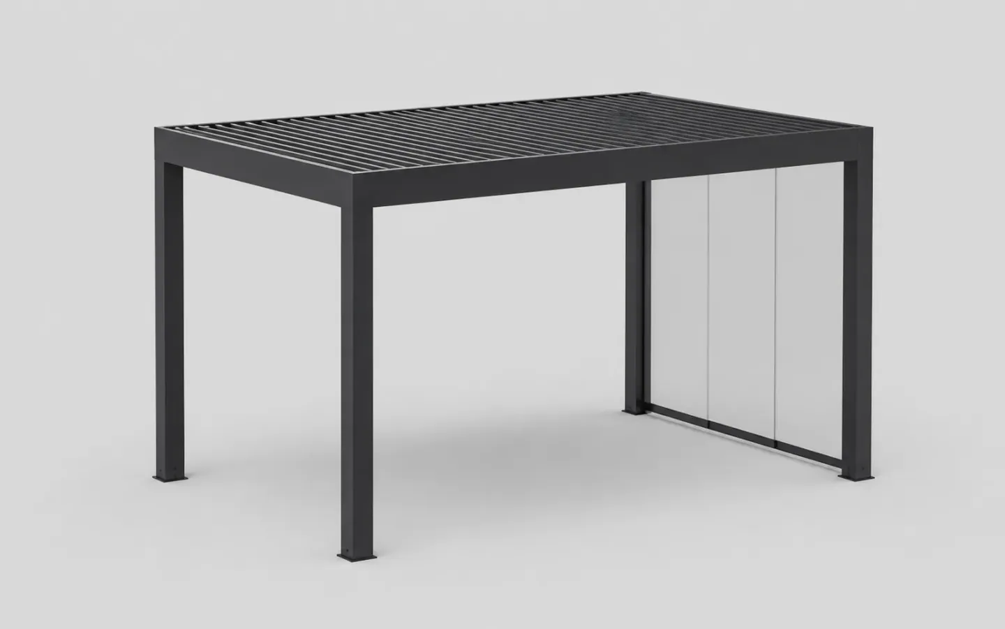 Pergola illustrative anthracite avec toit à lames et côté vitré, présentée dans une vue produit en 3D.