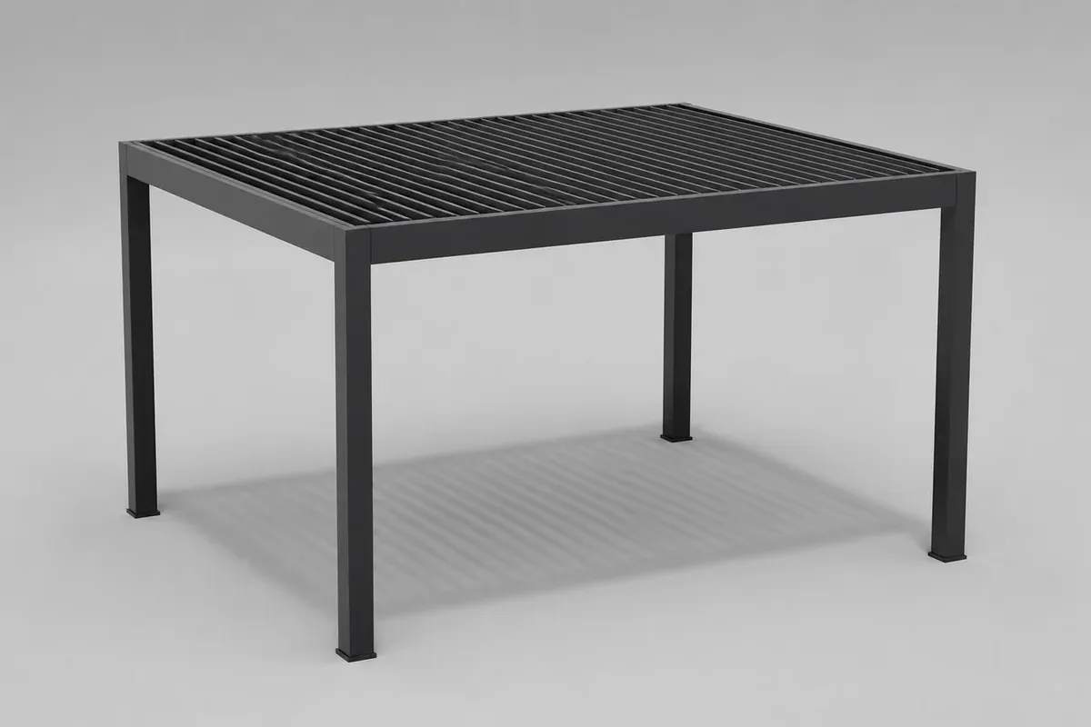 Pergola illustrative anthracite à toit à lames dans un espace neutre de configurateur 3D.