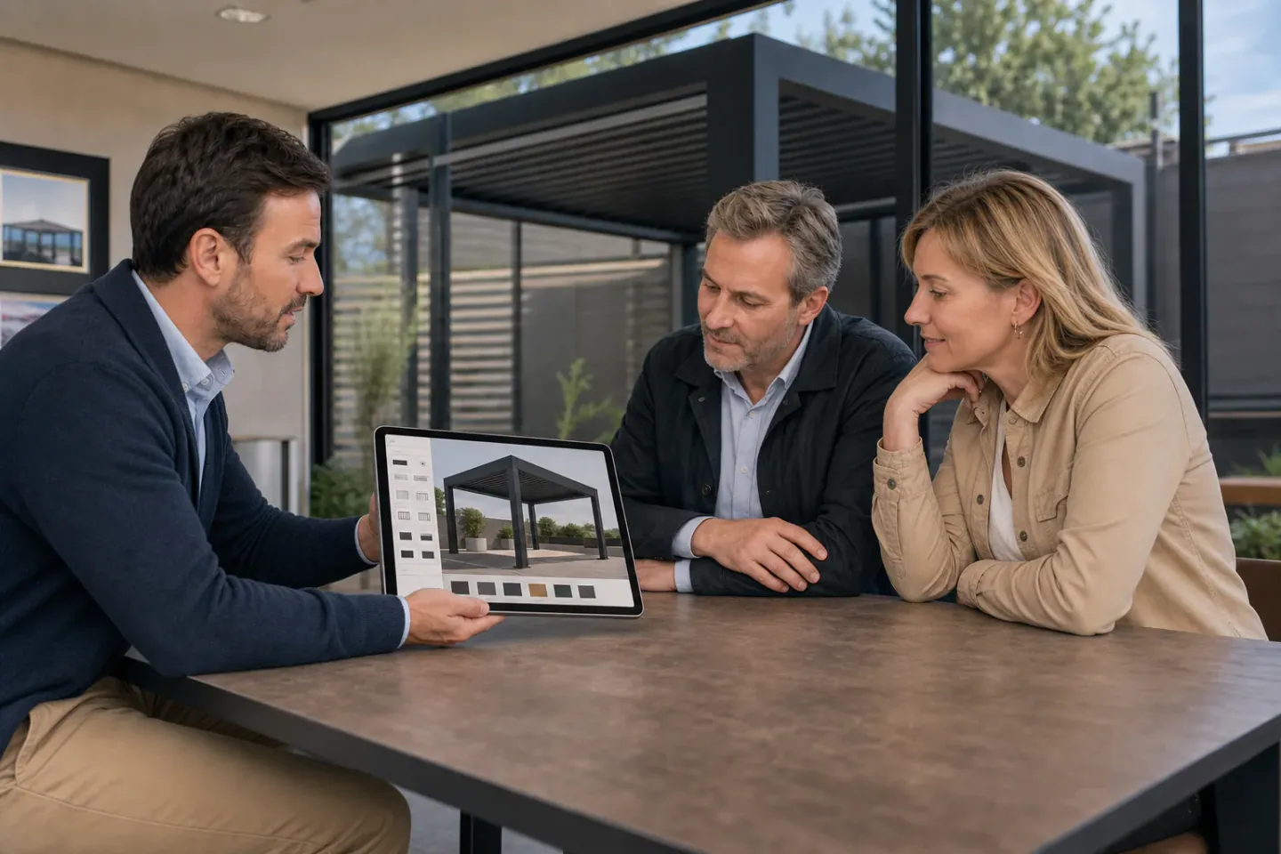 Illustration d’un conseiller présentant un projet de pergola à un couple sur une tablette.